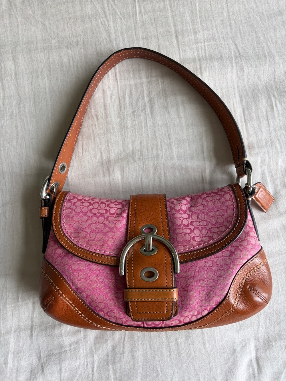 Coach Pink Canvas & Tan Leather Mini Soho Shoulder Bag